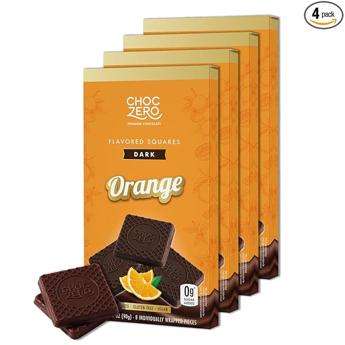 ChocZero Dark Chocolate Orange Squares, Vegan, Sugar Free, Gluten Free, Low Carb, 3.2 Ounce (Pack of 4)