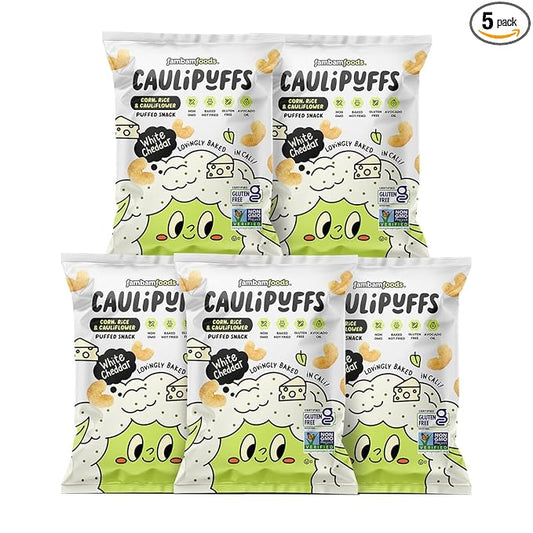 CauliPuffs - Corn, Rice, and Cauliflower Gluten Free Puffed Snack (5 x 3.0oz Bags, White Cheddar)