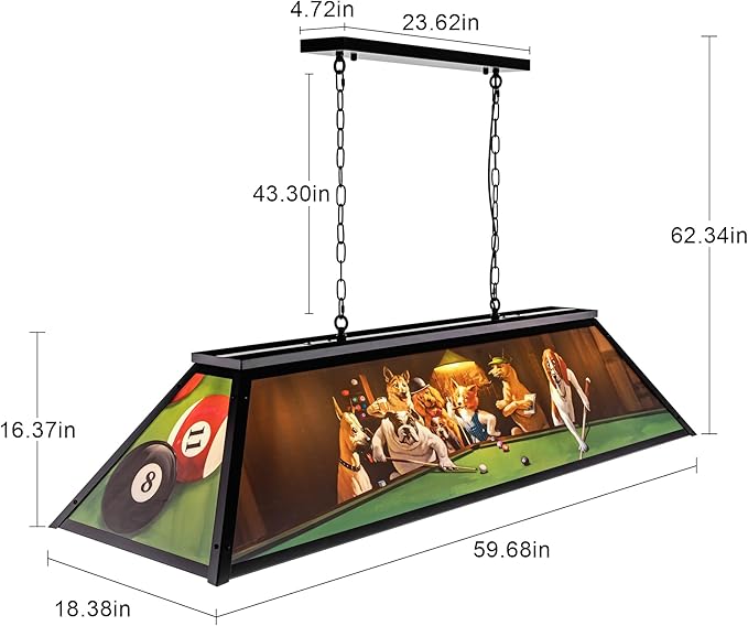 Wellmet Tiffany Pool Table Light, Dogs Playing Billiards Lights for 7' 8' 9' Pool Table, 5 Lights Billiard Fixture Hanging Pendant Lamp for Snooker Table, Cabin, Game Room, Men's Cave, Dining Room
