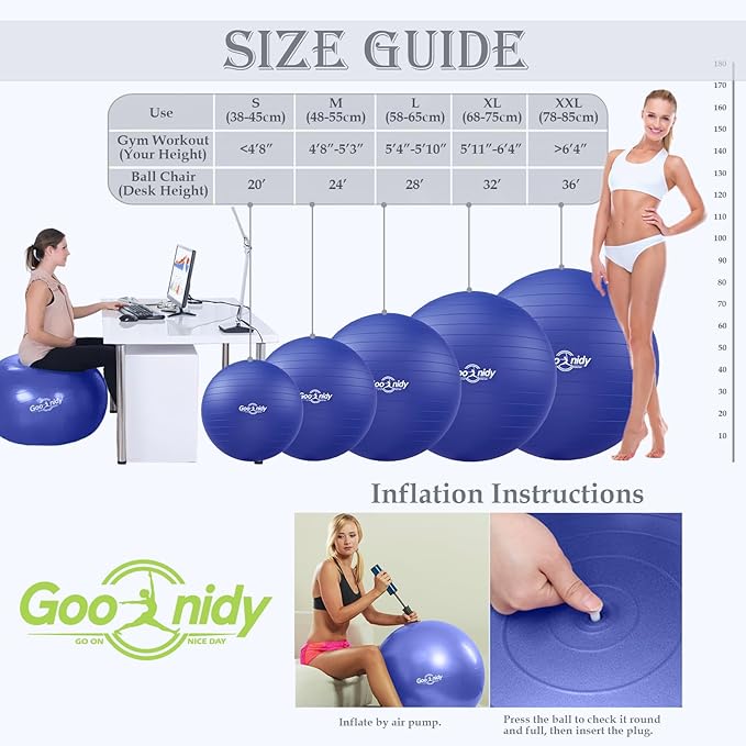 Soft Exercise ball, Anti-Burst Yoga Ball Chair Supports 2200lbs, Workout Equipment w/ Pump for Women Pregnancy, Medicine, Birthing, Physical Therapy, Stability, Excersing, Birth, Swiss, Fitness, Gym