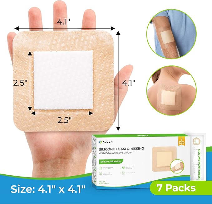 AUVON Silicone Foam Dressing 4" x 4" with Large Adhesive Border, 5 Packs + 2 Extra Bandages for Wounds with High Absorbency, Waterproof Silicone Foam Pads, Wound Care and Dressings for First Aid