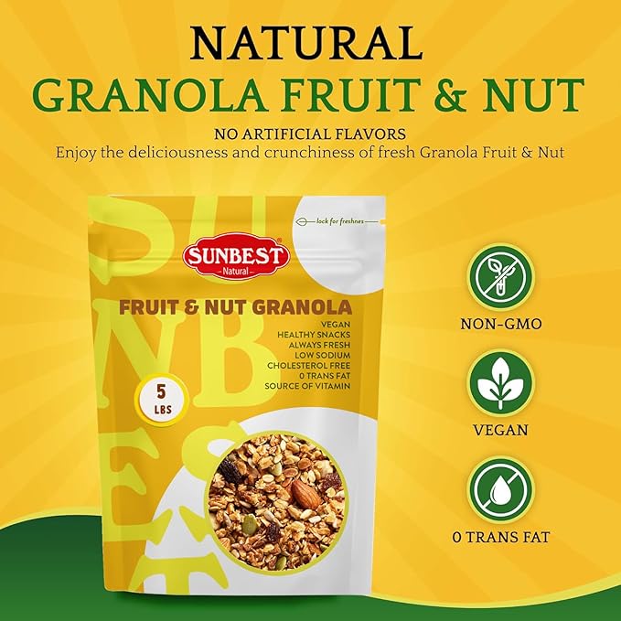 Sunbest Natural Fruit & Nut Granola – 5 lb Bulk Bag – Crunchy Oats, Raisins & Pumpkin Seeds – Non-GMO, Kosher – Perfect for Snacking, Breakfast & Baking