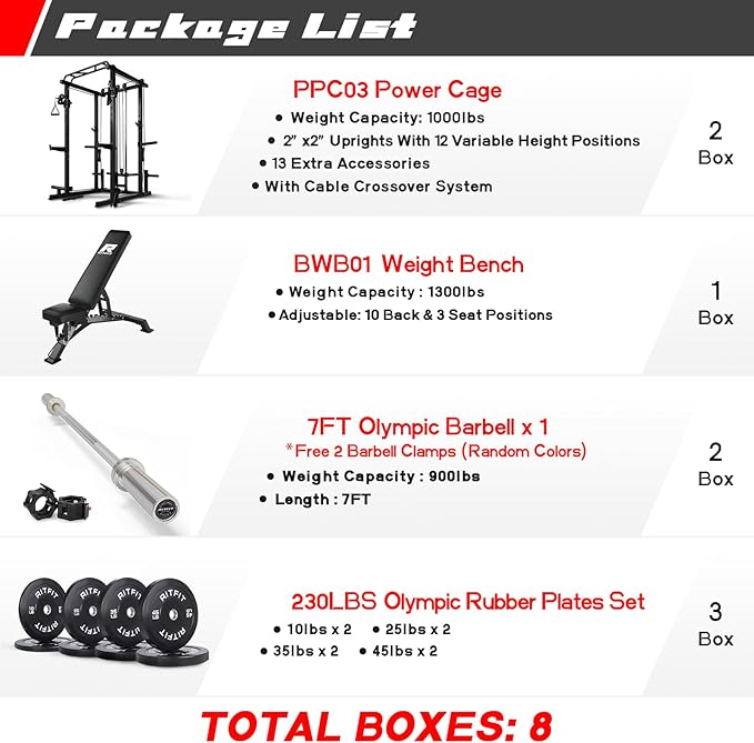 RitFit Multi-Function Squat Rack Power Cage PPC03 with Cable Crossover System, 1000LBS Capacity Power Rack and Packages with Optional Weight Bench, Barbell Weight Set, for Garage Workout & Home Gym