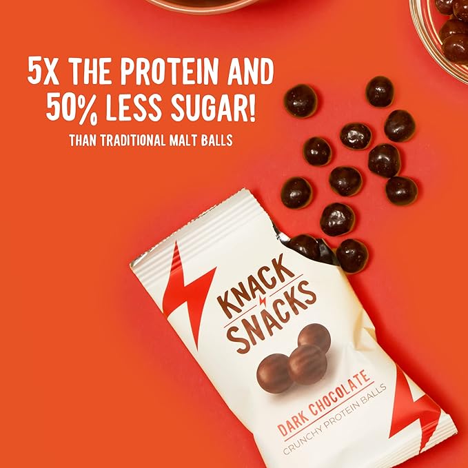 Knack Snacks | Crunchy Protein Balls - Dark Chocolate Flavor (10x 1.2oz Bags) | Lunchbox Ready, High Protein, Naturally Gluten Free, Lower Sugar, Chocolate Snack for School, Work, Travel, Parties