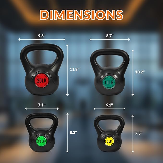 Fitvids Wide Grip 3-Piece or 4-Piece Kettlebell Exercise Fitness Weight Set, Include 5 lbs, 10 lbs, 15 lbs and 20 lbs, Set of 3 or Set of 4