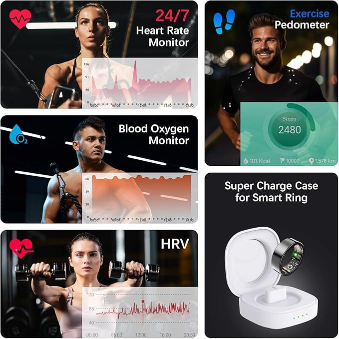 Health Tracker Ring, Smart Health Ring for Women Men with Heart Rate, Blood Oxygen, Sleep Monitor, Steps,Calories, No Subscription Fee, IP68 Waterproof Smart Ring for iPhone & Android (Black, 13#)