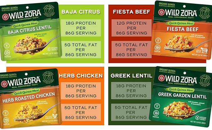 Wild Zora Instant Organic Quinoa Meals - Quick & Tasty Prepared Quinoa Bowls, Pantry Staples Gluten-Free Meal with Lentils Plus 10g Olive Oil Packet - Best Sellers Variety (2-Pack)