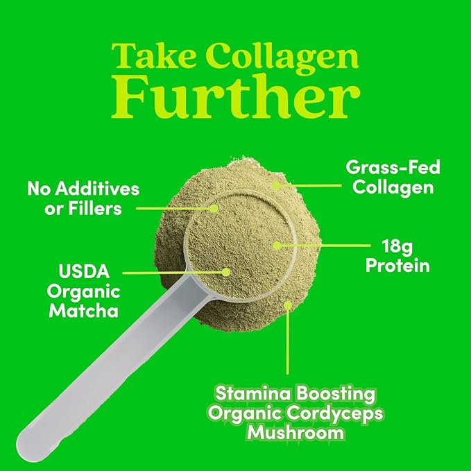 Further Food Matcha Collagen Peptides Powder - Organic Matcha & Cordyceps for All Day Energy, Mental Clarity & Immunity & Premium for Gut Health, Joints, Skin, Hair & Nails 10.62 oz