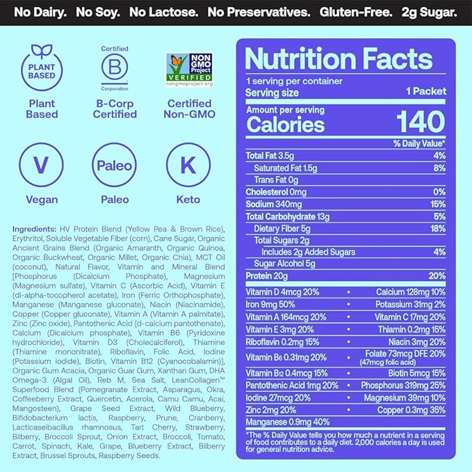 Happy Viking Vanilla Bean Plant Protein Powder, Created by Venus Williams, 20G Protein, Low Carb, Keto, Vegan, Gluten-Free, Non-GMO, Superfoods, Complete Meal Replacement, 8 Single Serve Packs