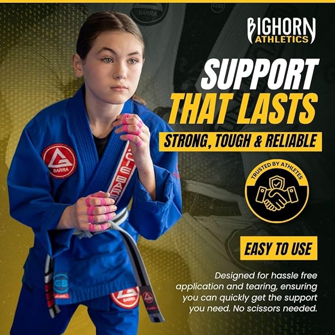 Bighorn Athletics Jiu Jitsu Finger Tape, Rock Climbing Tape | Multipurpose for Sports & Injuries: MMA, Volleyball, Football, Basketball, Tennis, Golf, Hands & Toes, 0.5-Inch x 45-feet, 8-Rolls, Pink