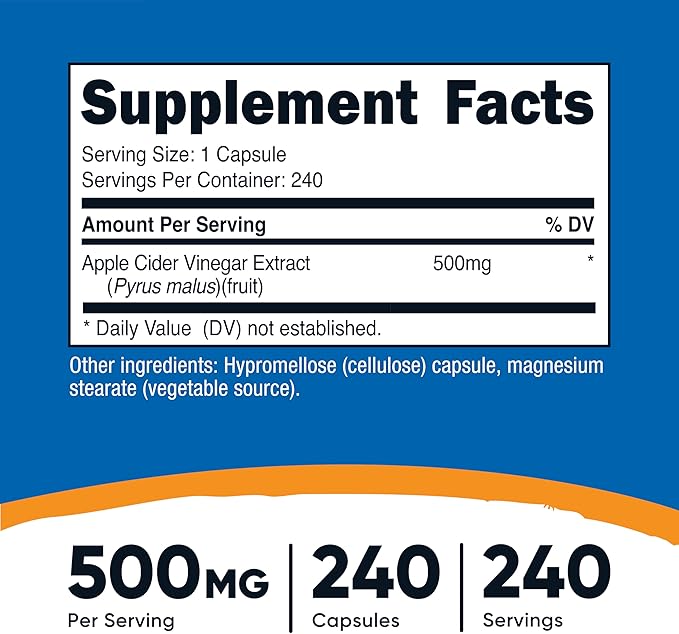 Nutricost Apple Cider Vinegar Capsules 500mg, 240 Vegetarian Capsules - Natural, Vegetarian, GMP, Non-GMO and Gluten Free