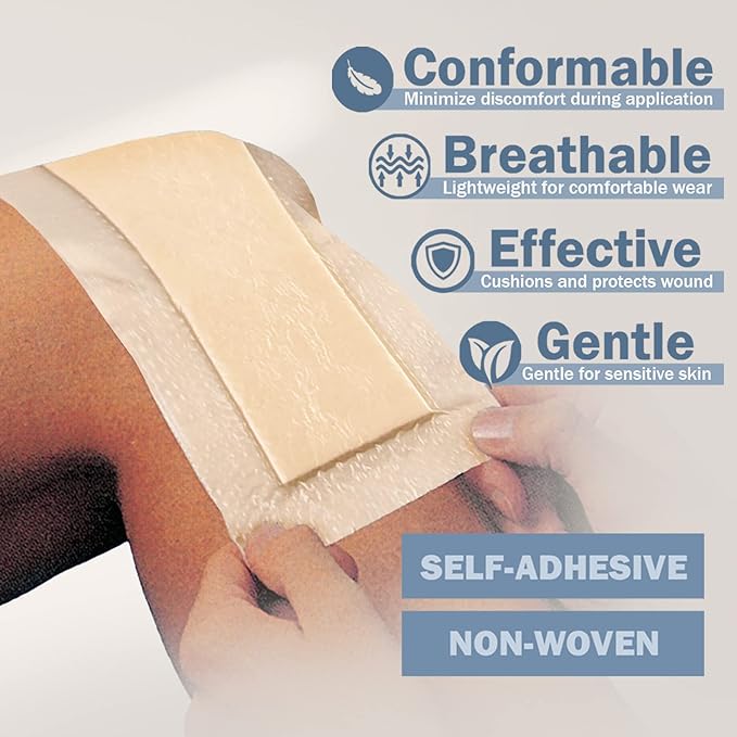 EVERLIT Care Silicone Foam Dressing with Adhesive Border | Highly Absorbent Hypoallergenic Bandages for Chronic Wounds, Bed Sores, Pressure Ulcers | Gentle & Secure Adhesion (4" x 10" | 5 Pack)