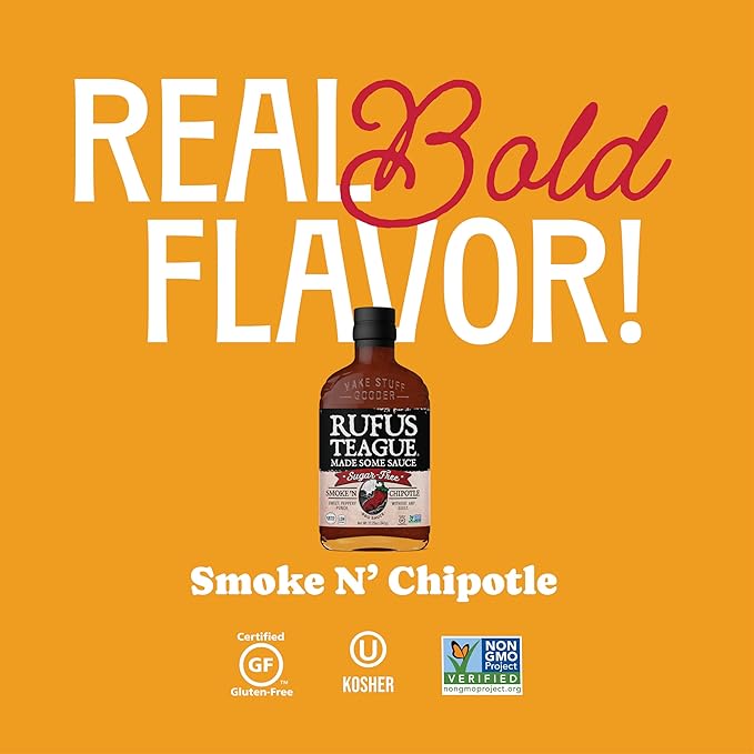 Rufus Teague Sugar-Free BBQ Sauce Smoke 'N Chipotle, Keto Sauce with Stevia, Natural Ingredients, Low Calorie, Award-Winning, Gluten-Free, Kosher, Non-GMO, 12.25 oz