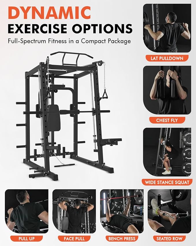 Mikolo All-in-One Smith Machine Home Gym, 2000LBS Power Cage with Cable Crossover System, Integrated Squat Rack with Weight Bar for Full-Body Training—LAT Pulldown, T-Bar Row, Triceps, Chest Fly