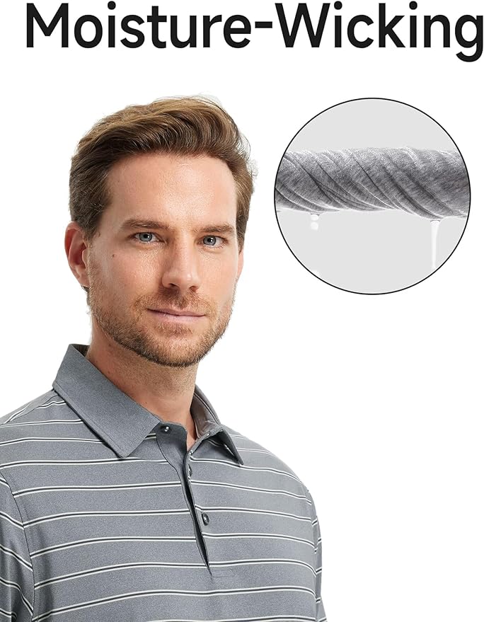 Rouen Polo Shirts for Men Dry Fit Performance Heather Stripe Golf Polo Moisture Wicking Lightweight Breathable Golf Shirts