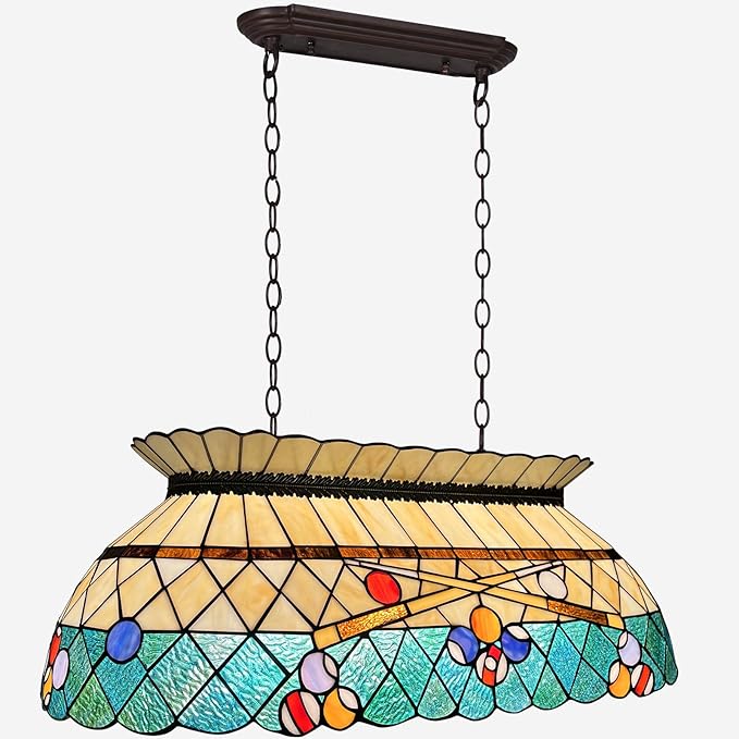 Capulina Tiffany Pool Table Light Pendant Light Fixture 3 Light Amber Green Style Stained Glass Chandelier for Billiard Room Kitchen Island Dining Room