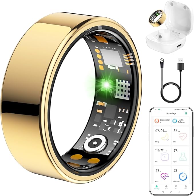 Ring Health Tracker for Women Men, Fit Ring with Heart Rate, Blood Oxygen, Sleep Monitor, Calories, Step Counter, IP68 Waterproof Smart Ring for iPhone & Android, No Subscription Fee (Gold, 6#)