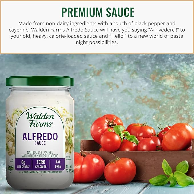 Walden Farms Alfredo Sauce – Zero Calorie, Sugar Free, Keto & No Carb Creamy Italian-Style Pasta Sauce – 6-Pack, 12 oz Bottles