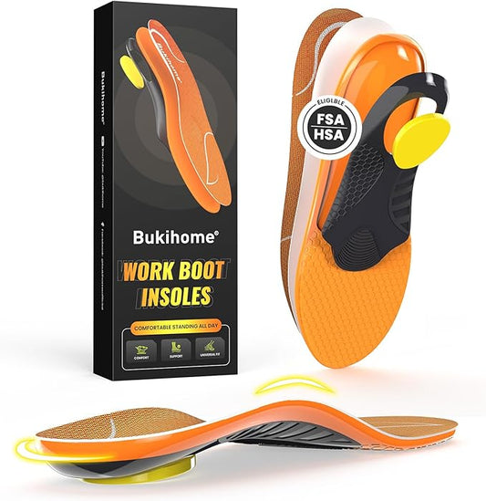 Bukihome Work Boot Insoles for Construction & Standing All Day - Heavy Duty Orthotic Shoe Inserts with Shock Absorption, Arch Support & Fatigue Reduction Durable Support Fits Work Boots -L