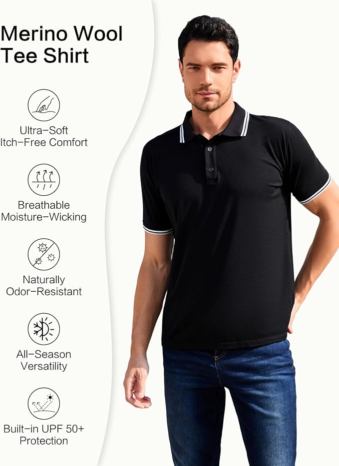 Merino Wool Polo Shirts for Men for Work Sport, Lightweight Breathable Moisture Wicking Mens Polo Shirt Short Sleeve