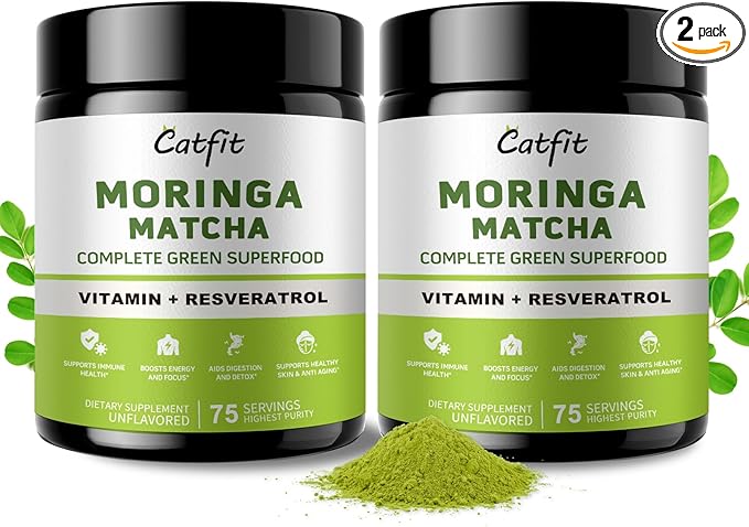 (2 Pack) Moringa Powder – Superfood Blend with Matcha, Green Tea & Resveratrol – Moringa Supplement for Energy, Antioxidant & Immune Support – Vegan, Gluten-Free, Easy-to-Mix Drink (8oz)