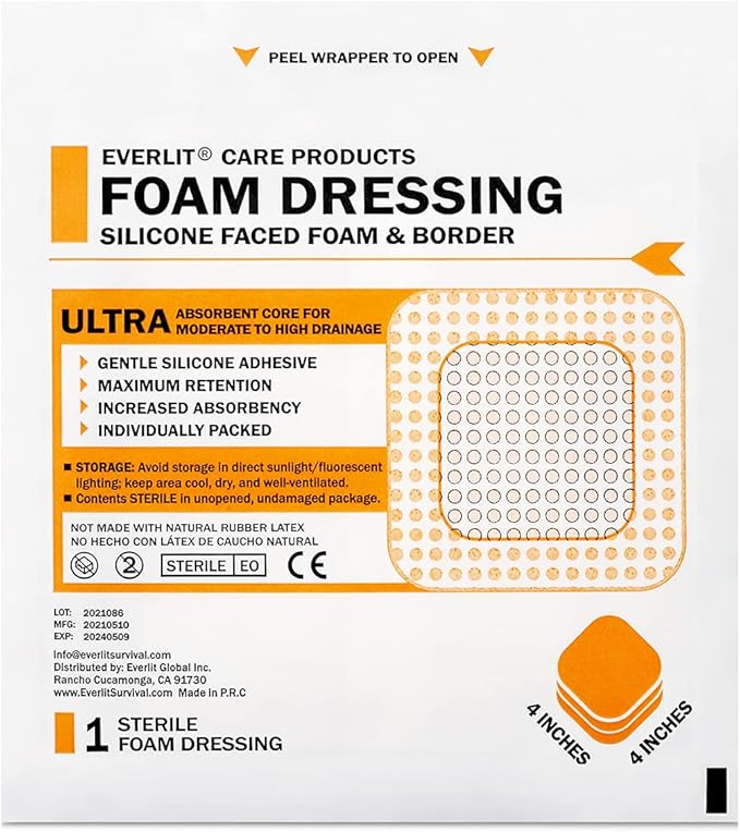 EVERLIT Care Silicone Foam Dressing with Adhesive Border | Highly Absorbent Hypoallergenic Bandages for Chronic Wounds, Bed Sores, Pressure Ulcers | Gentle & Secure Adhesion (4" x 4" | 10 Pack)