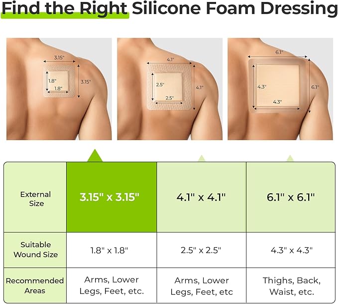 AUVON Silicone Foam Dressing with Large Adhesive Border, 3" x 3" 10 Packs Wound Dressing Bandage with High Absorbency, Waterproof Silicone Foam Pads for Wound Care & Protection Plus Cushioning