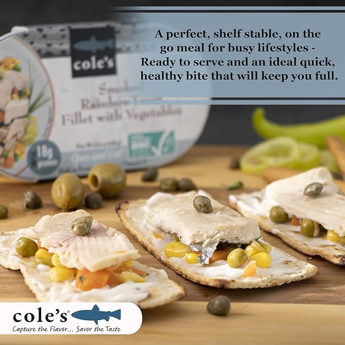 COLE’S - Smoked Rainbow Trout Fillet with Vegetables | Ready to Eat Meal | 5.6 oz Hand-Packed Canned Fish | 18g Protein | High in Vitamin D | 1 unit