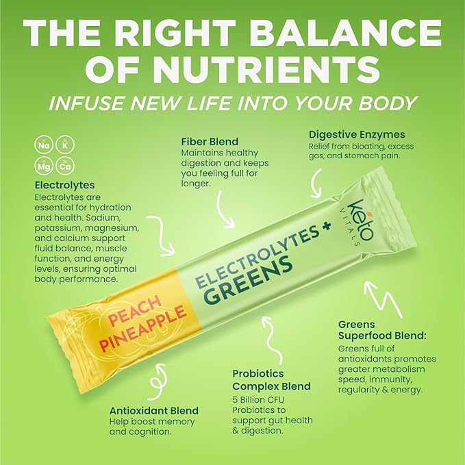 Keto Vitals Keto Electrolytes Plus Greens Superfood Powder Packets - 30 Servings Sugar Free Electrolytes Supplement for Hydration, Energy, Gut Health & Digestion - Super Greens Powder for Hydration