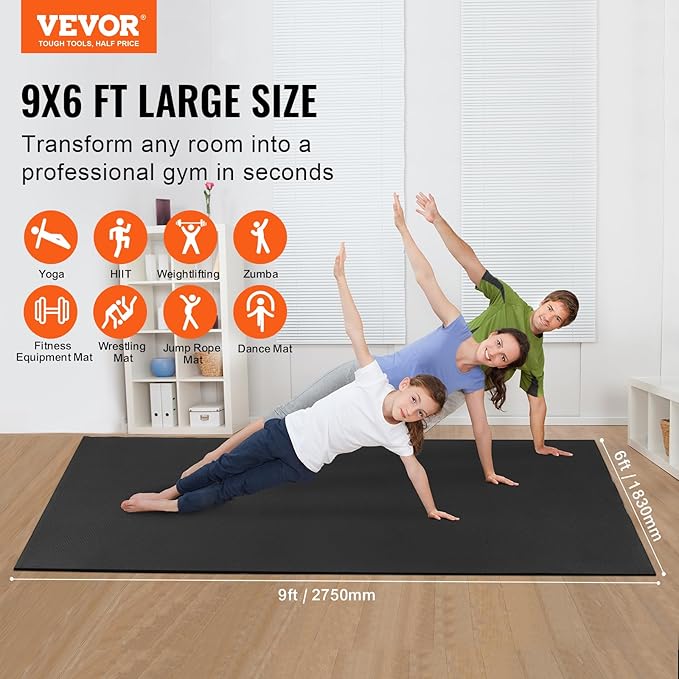 VEVOR Large Exercise Mat, Non Slip High Density Premium Yoga Mat, Exercise Yoga Mat for Men Women, Fitness & Exercise Mat with Bag & Carry Strap, for All Types of Home Yoga, Pilate & Floor Workout