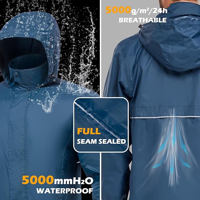 MANSDOUR Men's Packable Rain Jacket Waterproof Lightweight Windbreaker Cycling Golf Hiking Reflective Raincoat with Hood