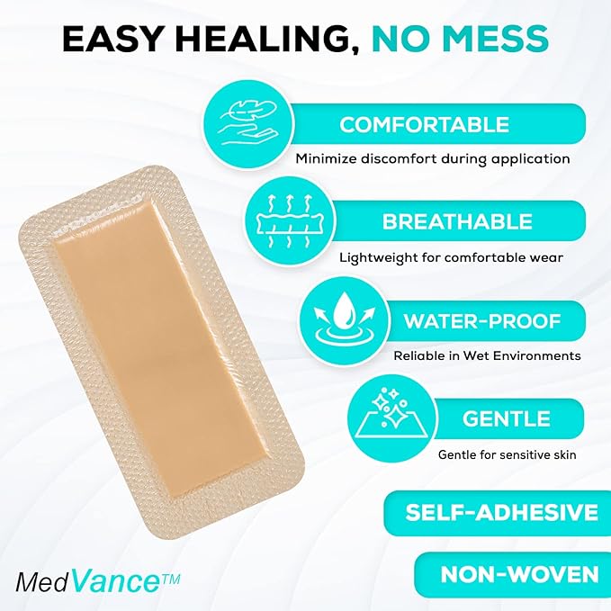 MedVanceTM Silicone - Bordered Silicone Adhesive Foam Dressing Size 4”X8” (2.4"x 6.4" Pad) Box of 5 dressings…