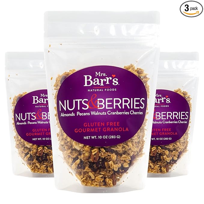 Mrs. Barr’s Natural Foods Granola | Nuts & Berries | Certified Organic Gluten Free Oats | Soft Texture | Small Batch | Gourmet Quality | Real Ingredients | 10 Ounces (3 Pack)