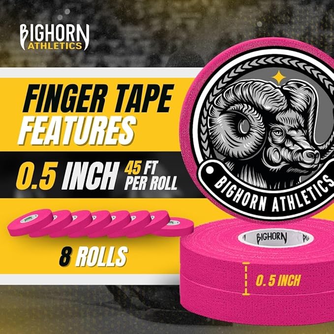 Bighorn Athletics Jiu Jitsu Finger Tape, Rock Climbing Tape | Multipurpose for Sports & Injuries: MMA, Volleyball, Football, Basketball, Tennis, Golf, Hands & Toes, 0.5-Inch x 45-feet, 8-Rolls, Pink