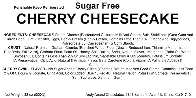 Andy Anand Sugar Free Cherry Cheesecake 9" | You Won't Believe It's Diabetic Friendly | Authentic Recipe, Made with Fresh California Cream Cheese, No Preservatives or Chemicals (3.4 lb)