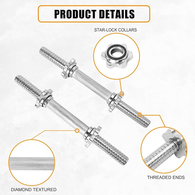 Threaded Dumbbell Rubber/Chrome Handles 1 Inch Pair, Adjustable Dumbbell Bar Handles, Fits Standard Weight Plates with 1” Diameter, for Gym Workouts, Exercise, Weightlifting, Sold in Pair