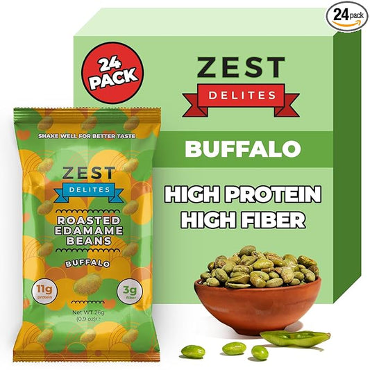 Crunchy Dry Roasted Edamame Beans Snack by Zest Delites, Buffalo, Vegan, Low Calorie (100cal) High Protein Snacks (11g), Low Carb, Keto, Gluten Free, 0.9 oz 24 Packs