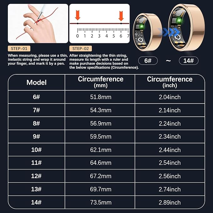 Ring Health Tracker for Women Men, Fit Ring with Heart Rate, Blood Oxygen, Sleep Monitor, Calories, Step Counter, IP68 Waterproof Smart Ring for iPhone & Android, No Subscription Fee (Rose Gold, 9#)