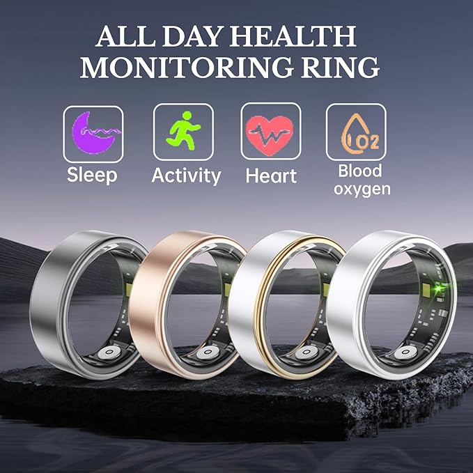 Smart Ring Health Fitness Tracker, Size First with Sizing Kit, Activity & Sleep Tracker/Stress/Heart Rate Monitor, Waterproof Smart Ring for Men/Women, No App Subscription (Golden, 10)