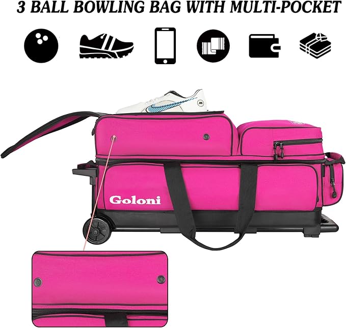 Goloni 3 Ball Bowling Bags with Wheels - Rolling Bowling Bag for 3 Balls & Accessories - Retractable Handle Extends to 38