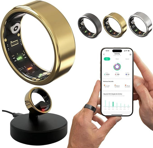 2025 Smart Ring for Women Men, Sleep Tracker Ring, Fitness Smart Ring, Activity Tracker,Sleep Monitor, Stress/Heart Rate/Women's Calories Steps Tracking-No APP Subscription (Gold, #8-57.0mm/2.24")