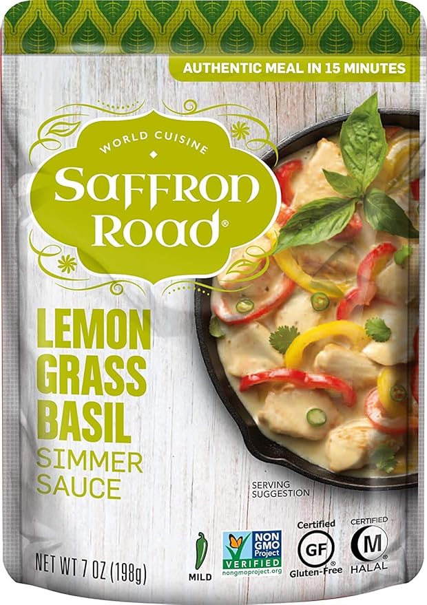Saffron Road Lemongrass Basil Simmer Sauce | Globally Inspired Simmer Sauce | Gluten-free, Vegan, Non-GMO, and Certified Halal and Kosher | 7.0oz Pouch | Pack of 8