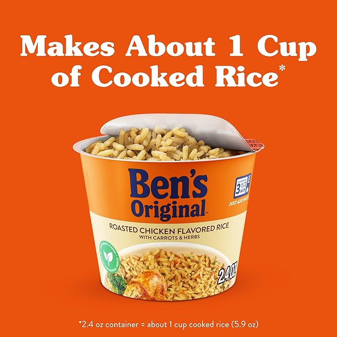 BEN'S ORIGINAL Roasted Chicken Flavored Rice Single Serve Cup, Snack or Side, Microwave in 3.5 Minutes, 2.4 oz (Pack of 8)