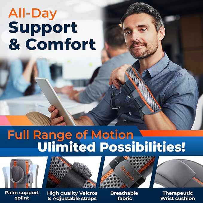 DR. BRACE Adjustable Wrist Brace Night Support for Carpal Tunnel, Doctor Developed, Upgraded with Double Splint & Therapeutic Cushion, Hand Brace For Pain Relief, Injuries, Sprains