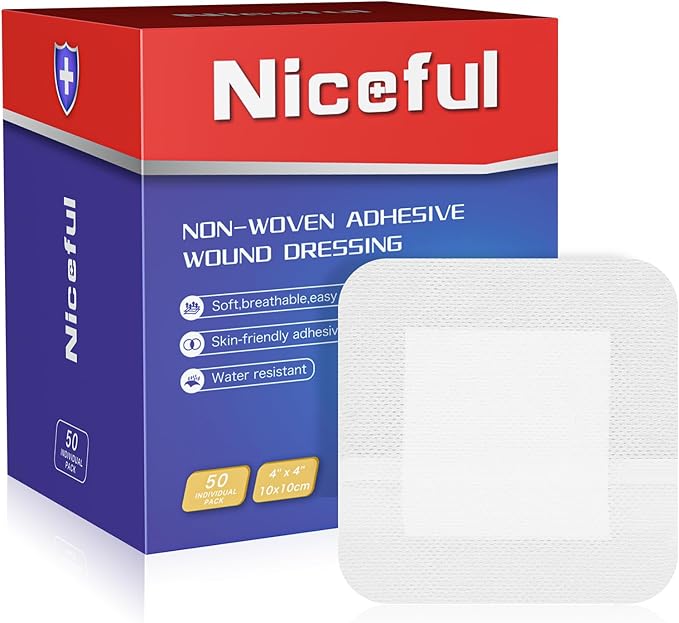 50Pcs Adhesive Gauze Island Dressing 4"x4", Water-Resistant Wound Dressing, Sterile & Absorbent Medical Grade Dressing Pad First Aid Dressing Pads