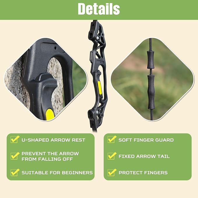 Bow and Arrow Set for Teens Beginners Adults Archery Recurve Bow, Upgraded Arrow Rest, Soft Silicone Finger Guard, 18lbs Longbow Kit with 6X Arrows Backyard Games Gift for Outdoor