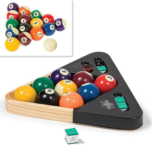 EastPoint Sports Masterton Billiard Ball Set - Full Set Tournament Spec Resin Billiard Balls - Wooden 8-Ball Rack with 9 Ball Insert - Includes Chalk and Scuffer