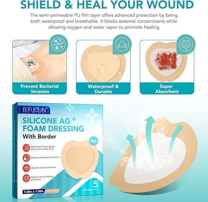 Silicone Foam Dressing Ag Sterile Wound Bandage with Waterproof Gentle Silicone Adhesive Border (5 Packs), 7"x 7" Breathable Ultra Absorbent Pads (7.08x7.08 Inch (Pack of 5))