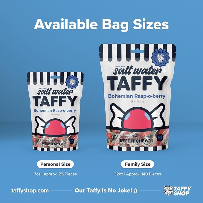 Taffy Shop Bohemian-Rasp-O-Berry, Raspberry Salt Water Taffy – Gourmet Soft Chewy Candy, Bulk Sweet Snack, Fresh Gift & Gluten-Free, 35 Individually Wrapped Pieces (7oz)