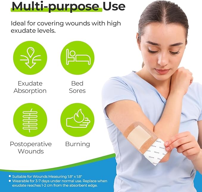 AUVON Silicone Foam Dressing with Large Adhesive Border, 3" x 3" 22 Packs Wound Dressing Bandage with High Absorbency, Waterproof Silicone Foam Pads for Wound Care, FSA/HSA Eligible
